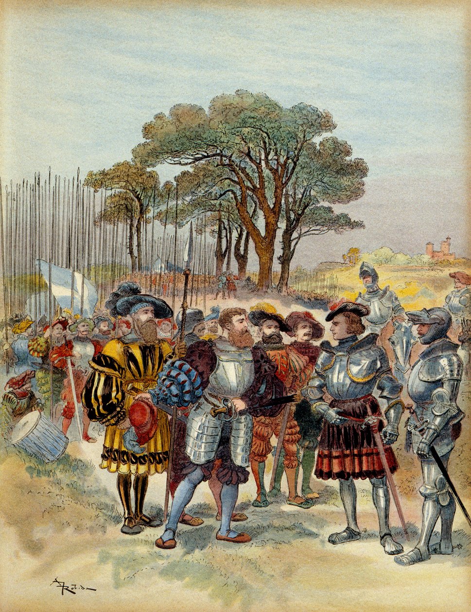 Viides Italian sota (1515-1516): Bicoccasta (bicoque) vetäytyneessä leirissä Milanon (Italia) edessä vuonna 1516 sveitsiläiset vaativat palkkaa, kongea tai taistelua, Odet de Foix, varakreivi de Lautrec, Ranskan marechal (1485-1528) eivät pystyneet maksama tekijältä Albert Robida