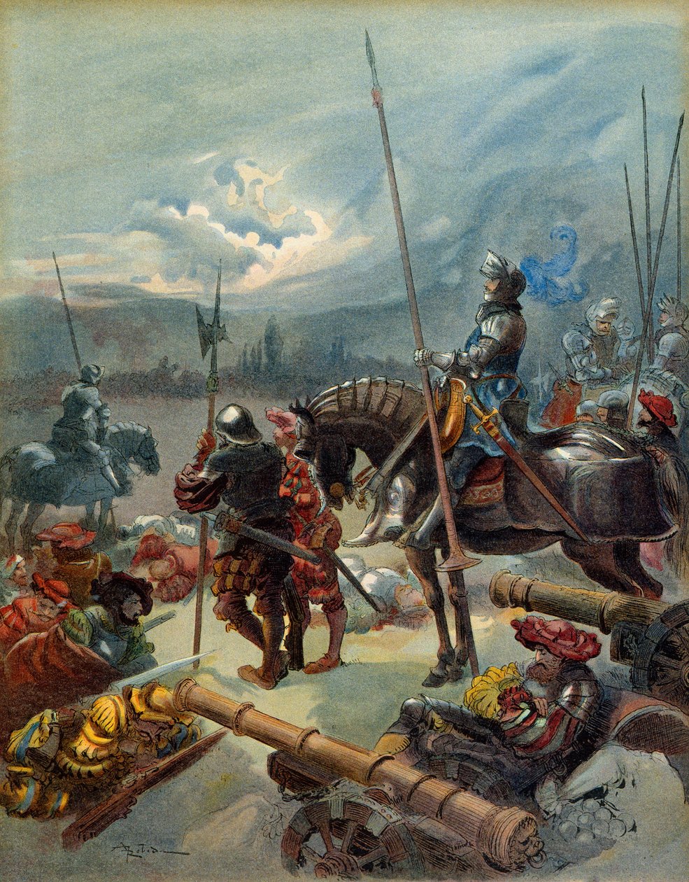 Viides Italian sota (1515-1516): Marignanin yö (Italia), 13. ja 14. syyskuuta 1515. Kuva tekijältä Albert Robida