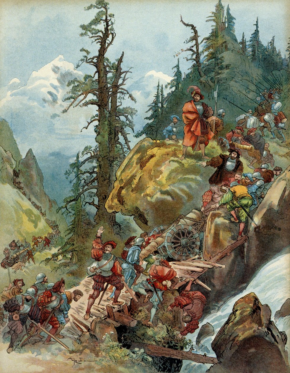 Viides Italian sota (1515-1516): Francois I:n (1494-1547) armeija matkalla Italiaan Alppien halki elokuussa 1515 Larchen solan kautta. Kuva tekijältä Albert Robida