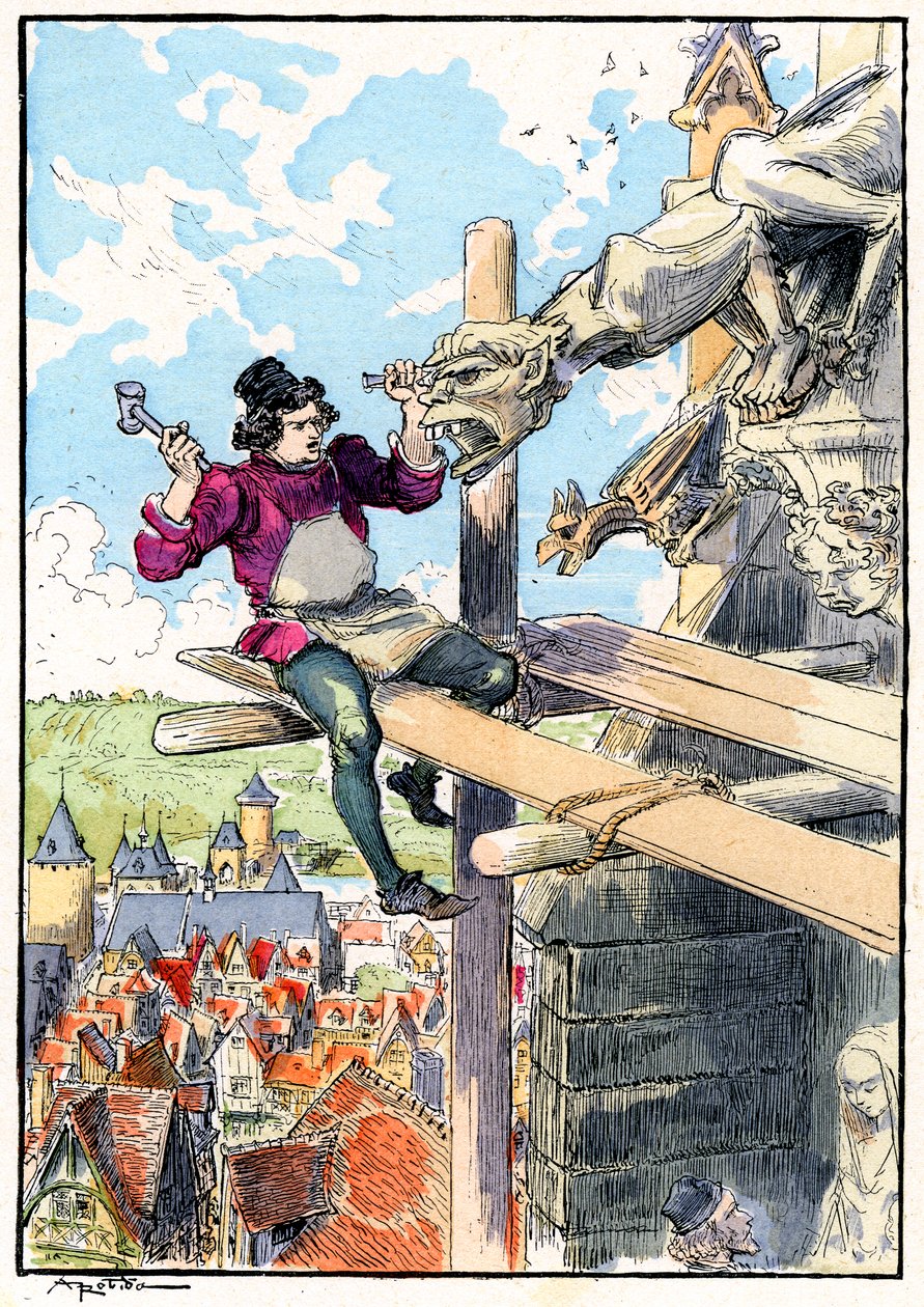 Gargoyle-kuvanveistäjä telineillä 1400-luvulla. tekijältä Albert Robida