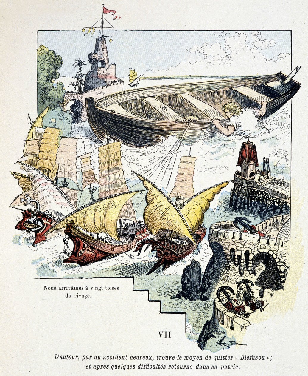 Gulliver ja hänen jättimäinen veneensä Lilliputian satamassa - Jonathan Swiftin (1721) teoksessa Voyages de Gulliver, ill. kirjoittanut Robida tekijältä Albert Robida