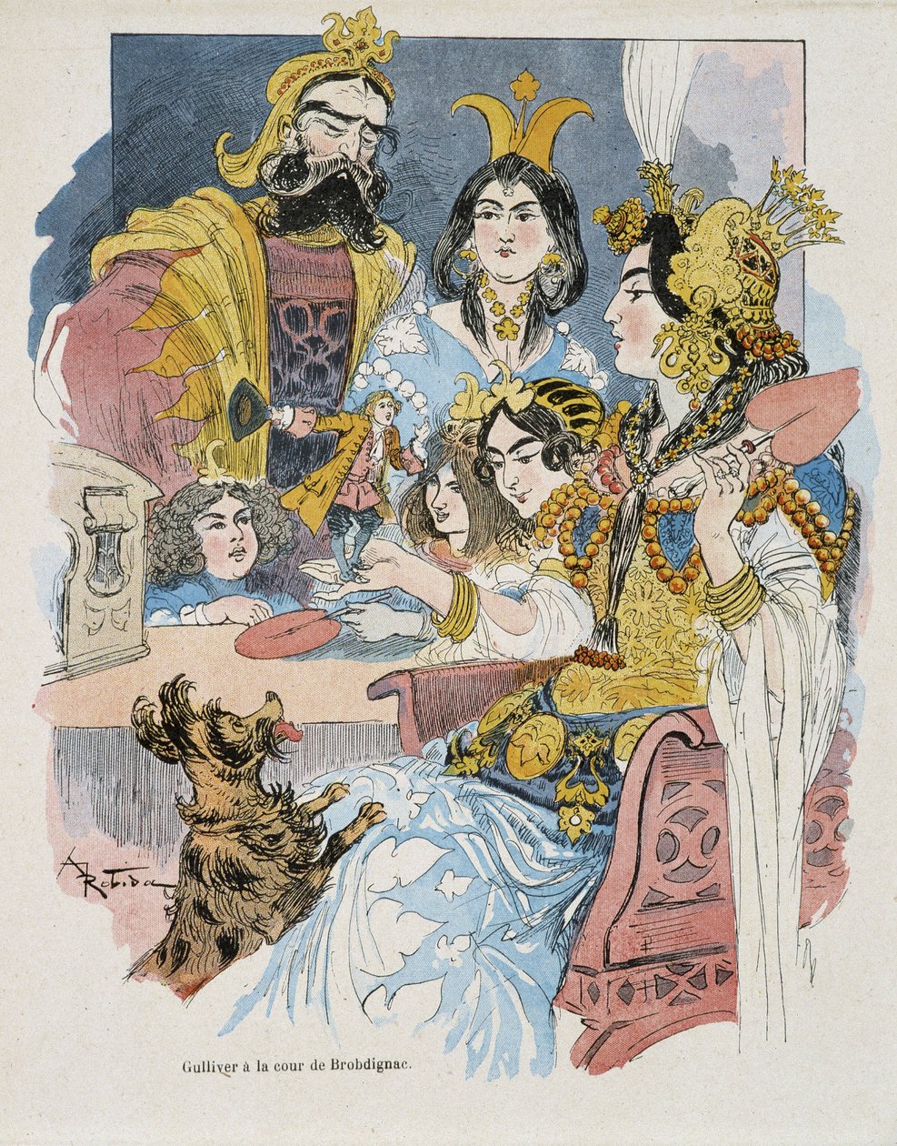 Gulliver Brobdignacin tuomioistuimessa - Swiftin "" Gulliver Voyages" -kirjassa, ill. kirjoittanut Robida tekijältä Albert Robida