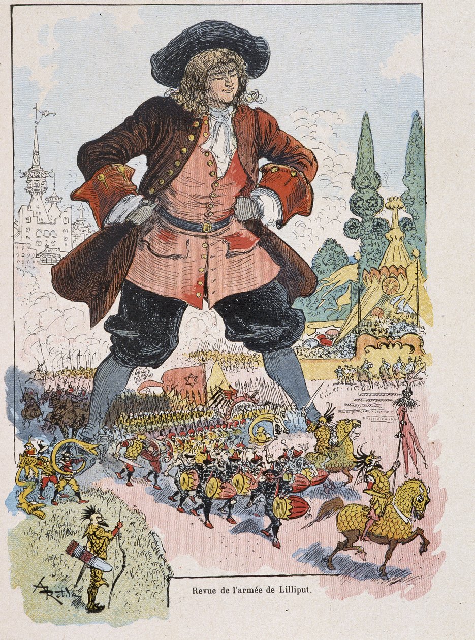 Gulliver Lilliput Arm Reviewissa - Swiftin "" Gulliver Voyages" -kirjassa, ill. kirjoittanut Robida tekijältä Albert Robida