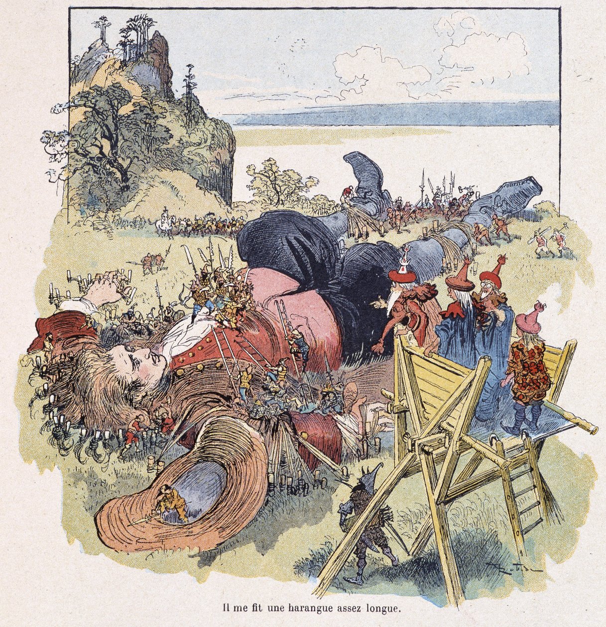 Lilliputilaiset sitoivat Gulliverin - Swiftin "" Gulliver Voyages" -kirjassa, ill. kirjoittanut Robida tekijältä Albert Robida