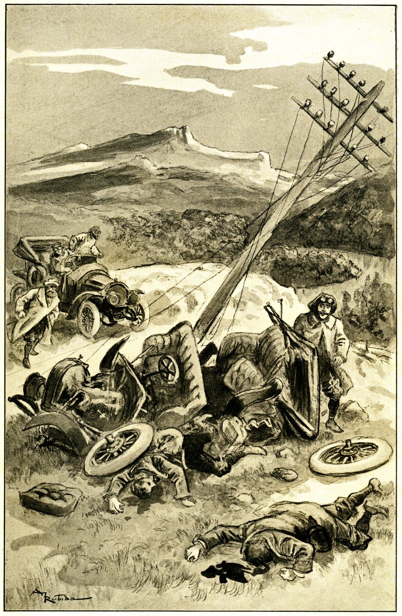 Albert Robidan (1848-1926) kuvitus Leon Berthaultin kirjalle "" Le record du tour du monde "", Mame-painos 1900-luvun alussa (1911) - liikenneonnettomuus noin 1900: auto törmäsi lennätinlinjaan. Pakolaiset matkustajat loukkaantuvat - tekijältä Albert Robida
