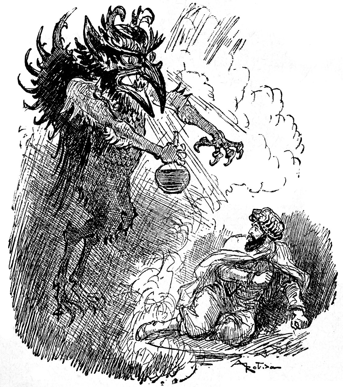 Albert Robidan (1848-1926) kuvitus arabilegendasta (1001 yötä) (Tales of the Thousand and One Nights): kamala demoni (paha henki) esittelee miehelle pullon viiniä. kaiverrus kirjasta "Choix de luennot" Armand Colin 1926. tekijältä Albert Robida