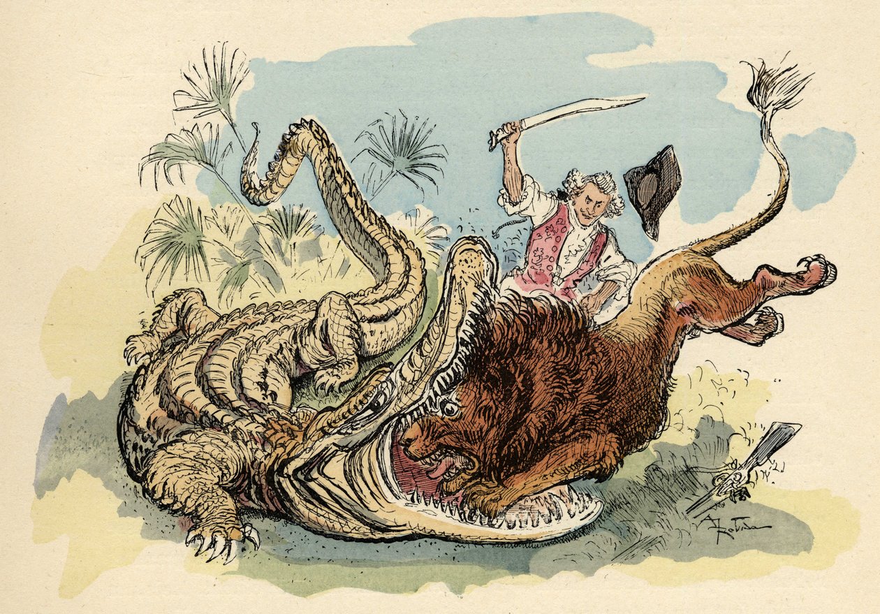 Albert Robidan kuvitus teoksessa "" Paroni de Munchausenin historia ja seikkailut"" (Munchhausen), H. Laurens, 1800-luvun loppu."" tekijältä Albert Robida