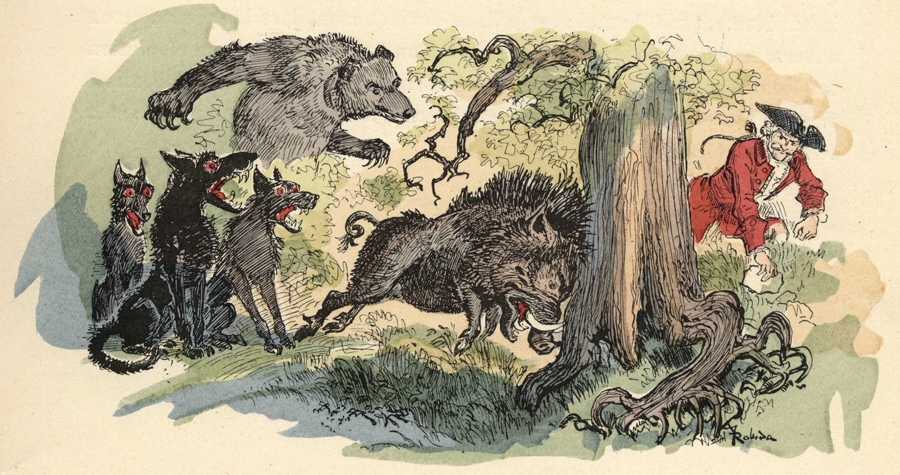 Albert Robidan kuvitus teoksessa "" Paroni de Munchausenin historia ja seikkailut"" (Munchhausen), H. Laurens, 1800-luvun loppu."" tekijältä Albert Robida