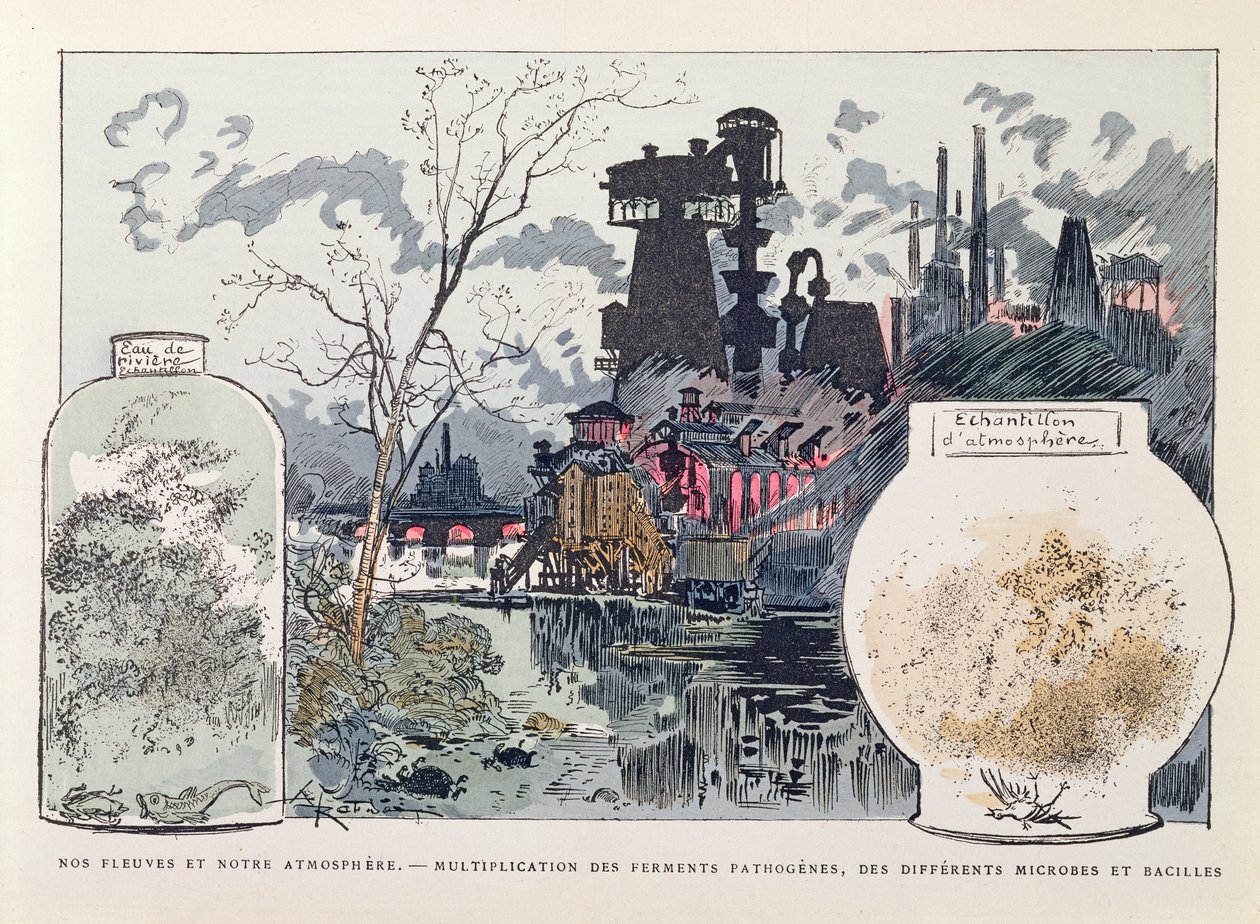 Industrial Pollution, kuvitus teoksesta "Le XXe siecle, La Vie Electrique", n. 1890 (värikaiverrus) tekijältä Albert Robida