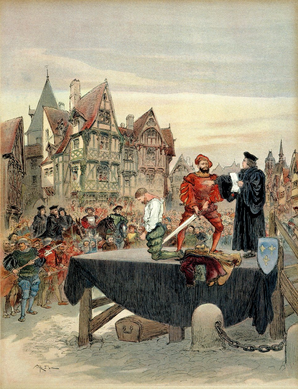 Jean de Poitiers, Saint Vallierin seigneur (n. 1475-1539), Charles de Bourbonin vartijoiden kapteeni (1489-1537) oli gracie telineellä vuonna 1524. Kuva tekijältä Albert Robida