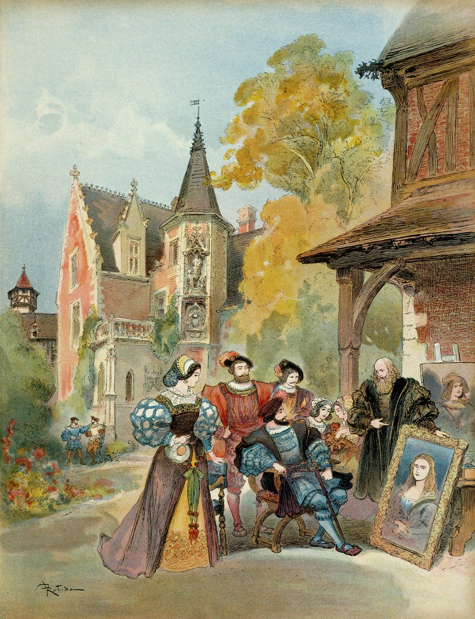 Kuningas Francois I (1494-1547) ostaa Mona Lisan Leonard de Vincille (Leonardo da Vinci) (1452-1519), lähellä Amboisen kuninkaallista linnaa vuosina 1516-1519. Kuvitus tekijältä Albert Robida
