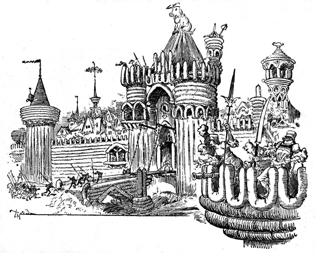 La Cite des Angouiles. Kaupungin muurit on tehty leikkelepaloista (makkara, vanukas), sisäänkäyntiportin tornin katolla makaa valtava sika. Albert Robidan (1848-1926) kuvitus Francois Rabelais