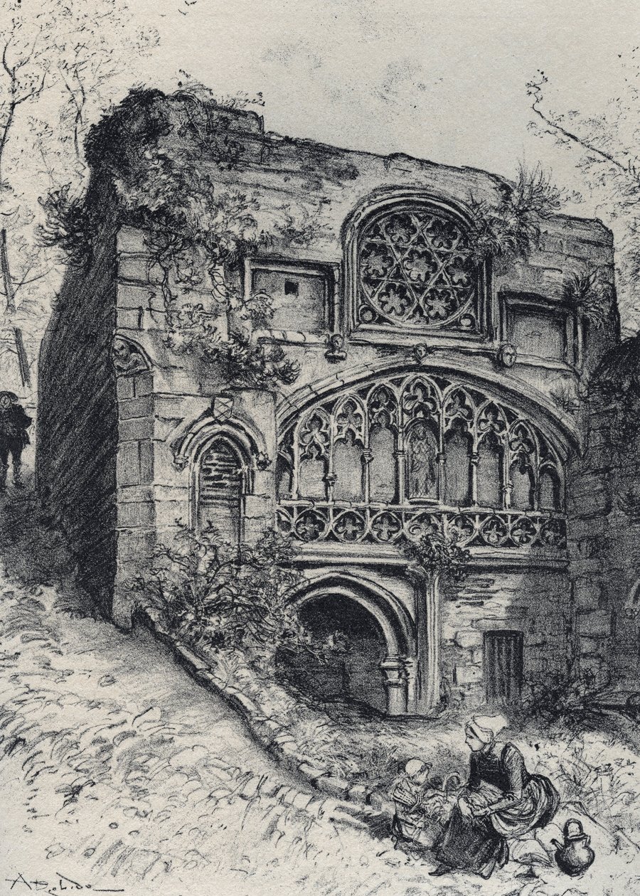 La fontaine des carmelites in morlaix - Vanha Ranska - Bretagne - tekstiä, piirustuksia ja litografioita, Albert Robida (1848-1926) päivätty 1800-luvun loppu tekijältä Albert Robida