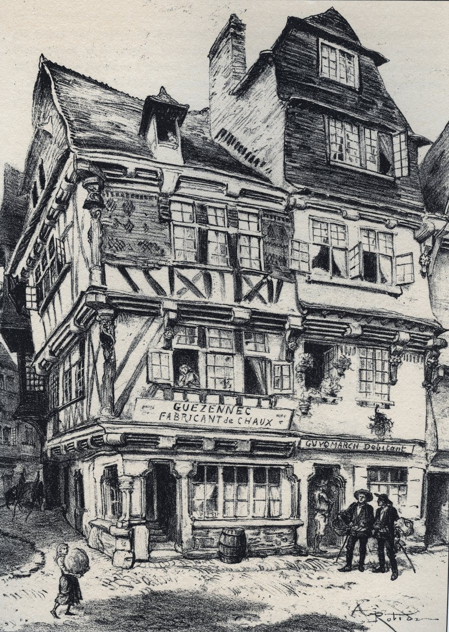 La venelle aux pastes Morlaixissa - Vanha Ranska - Bretagne - tekstiä, piirustuksia ja litografioita, Albert Robida (1848-1926) päivätty 1800-luvun lopulla tekijältä Albert Robida