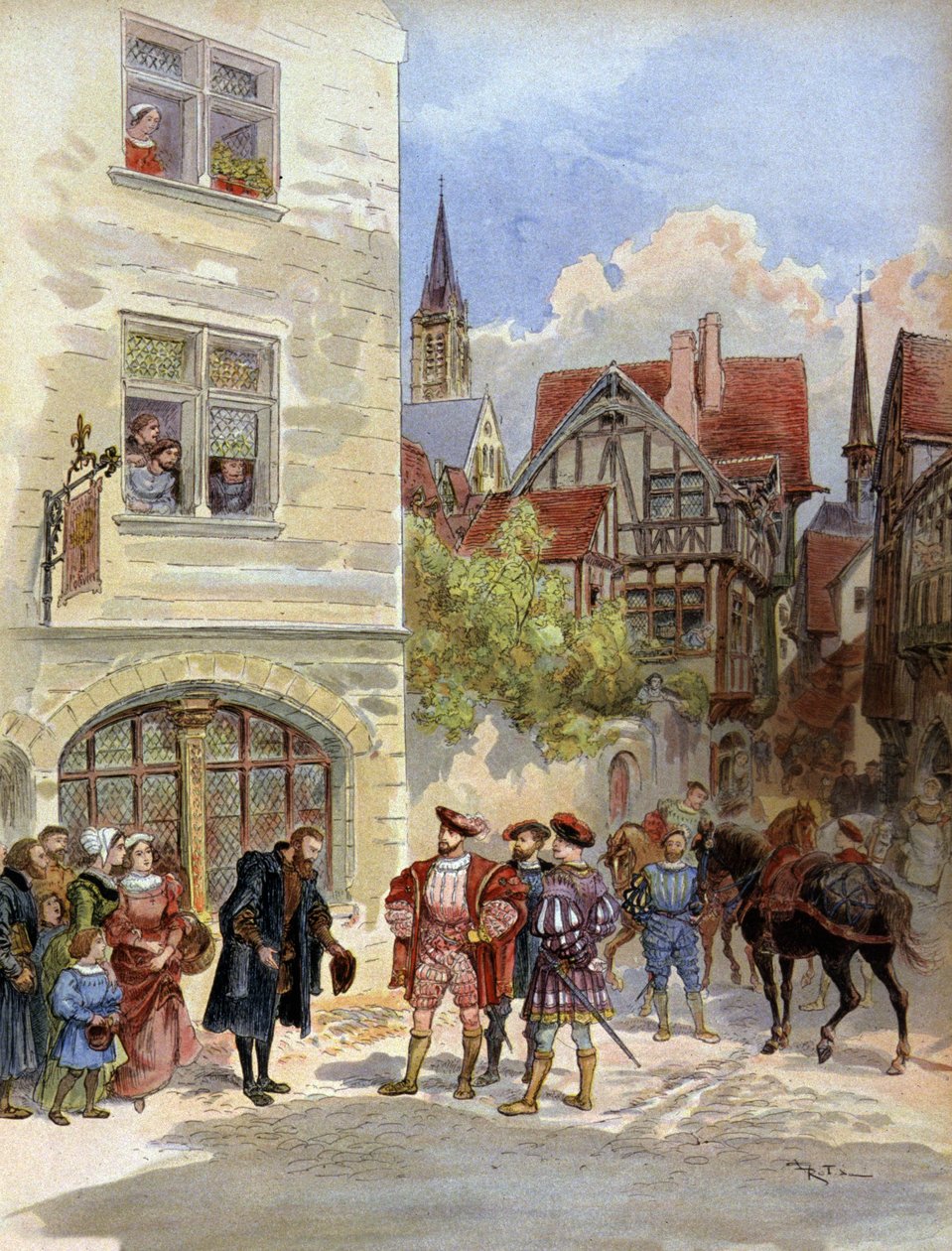 Kirjallisuus. Paino Robert Estienne vastaanottaa kuningas Francois 1erin kirjapainossaan Pariisissa. Kuvitus A. Robida teoksessa: Francois 1er, kirjoittanut A. Todouze, Ranska tekijältä Albert Robida