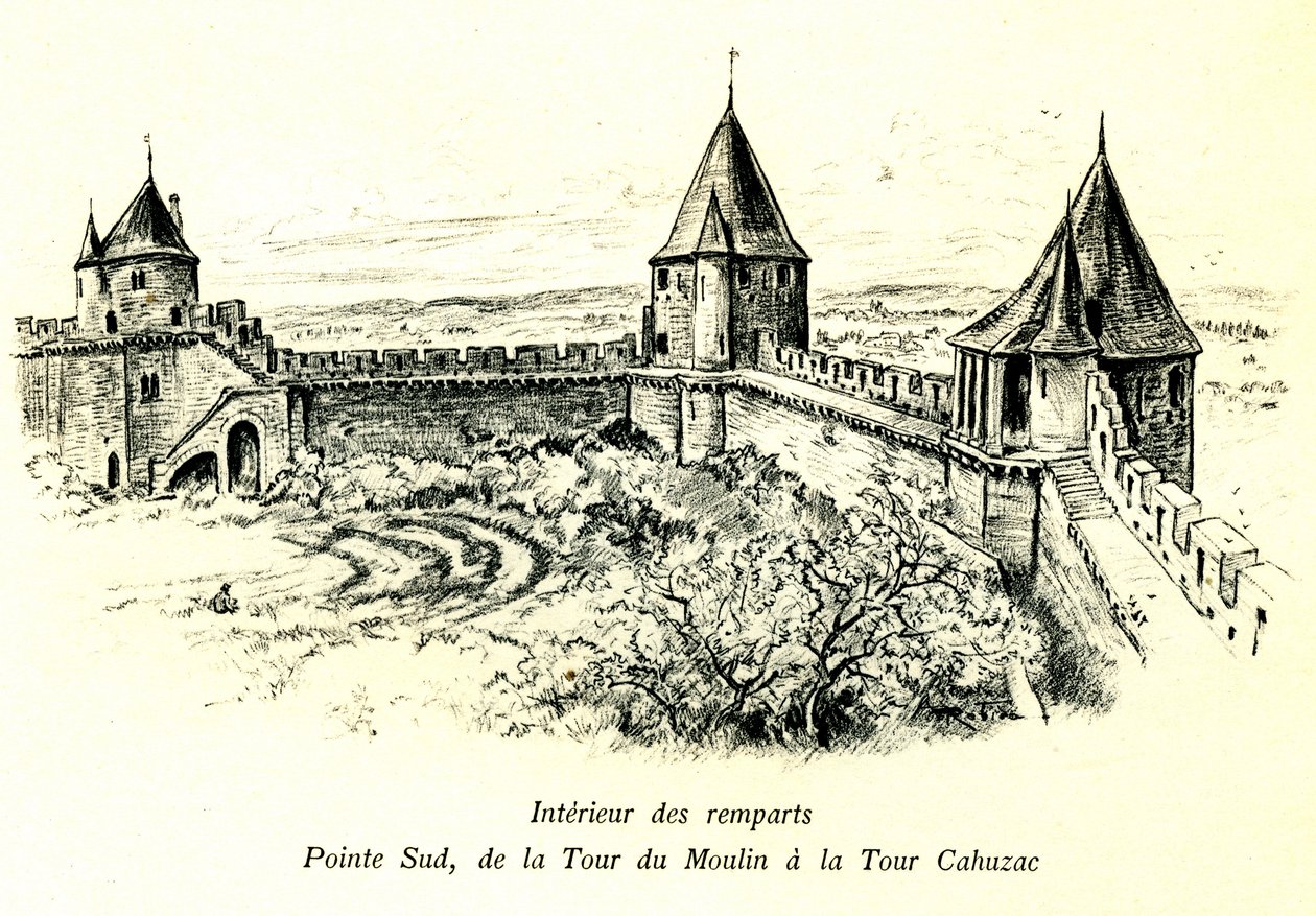 Keskiaikainen Carcassonnen kaupunki (Aude, Languedoc, Cathar Country) - Vallien sisäpuoli, eteläkärki, Moulin-tornista Cahuzacin torniin - Ulkoilmateatterin sijainti - Albert Robidan (1848-1926) romanttinen kaiverrus begissä julkaistu kirja tekijältä Albert Robida