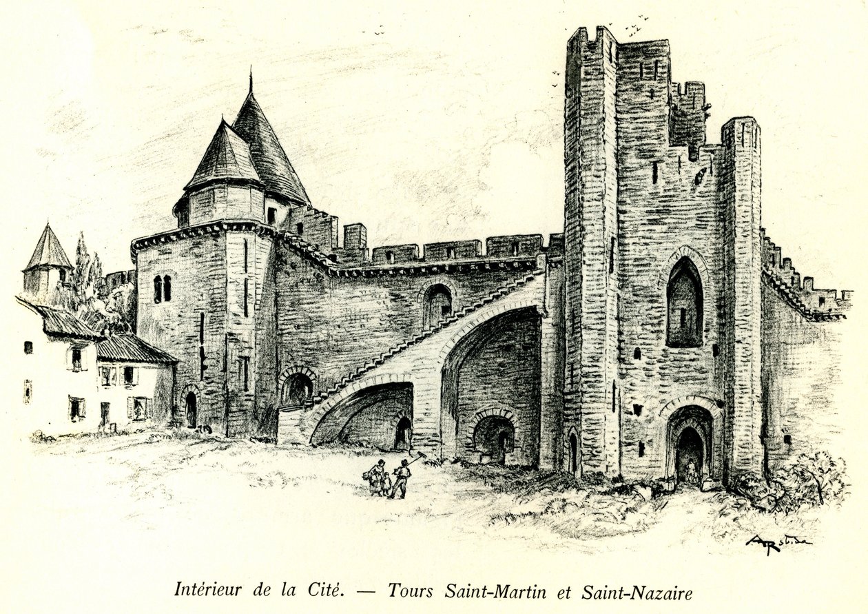 Medievale Cite de Carcassonne (Aude, Languedoc, Pays Cathare) - Tours Saint Martin (Saint Martin) ja Saint Nazaire (Saint Nazaire) taloineen, jotka on rakennettu valleille - Albert Robidan (1848-1926) romanttinen kaiverrus kirjassa, joka julkaistiin alussa tekijältä Albert Robida