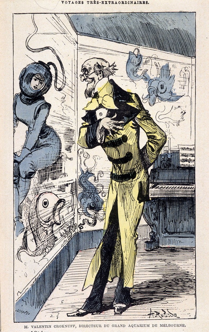Herra Valentin Croknuff, Melbournen suuren akvaarion johtaja, Jules Vernen parodia, Robidan "" Saturnin Farandoulin erittäin poikkeukselliset matkat viiteen tai kuuteen osaan maailmaa ja kaikkiin maihin, jotka Mr. Jules Verne tuntee tai tuntee", Pariisi tekijältä Albert Robida