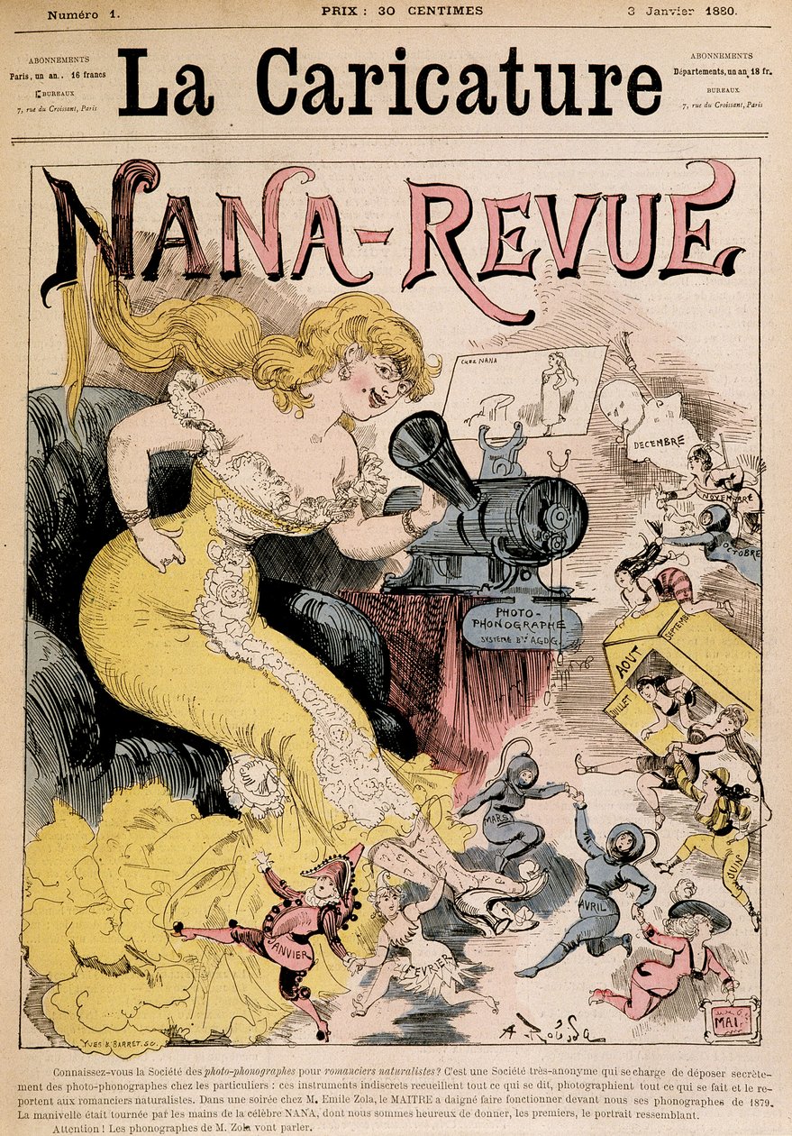 Nana-Revue: sarjakuva Zolasta ja hänen teoksestaan "" Nana", kirjoittanut Robida - elokuvassa "" La Caricature"" 1.3.1880 tekijältä Albert Robida