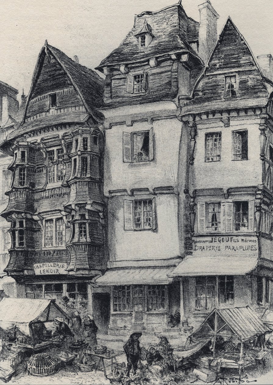 Place du marche Lannionissa - Vanha Ranska - Bretagne - tekstiä, piirustuksia ja litografioita, Albert Robida (1848-1926), päivätty 1800-luvun loppu tekijältä Albert Robida