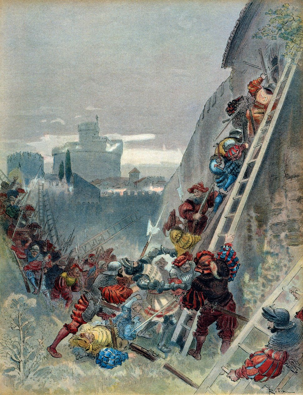 Seitsemäs Italian sota (1526-1529): Kaarle III Bourbon (1490-1527) kuoli Rooman piirityksen yhteydessä 6. toukokuuta 1527. Kuva tekijältä Albert Robida