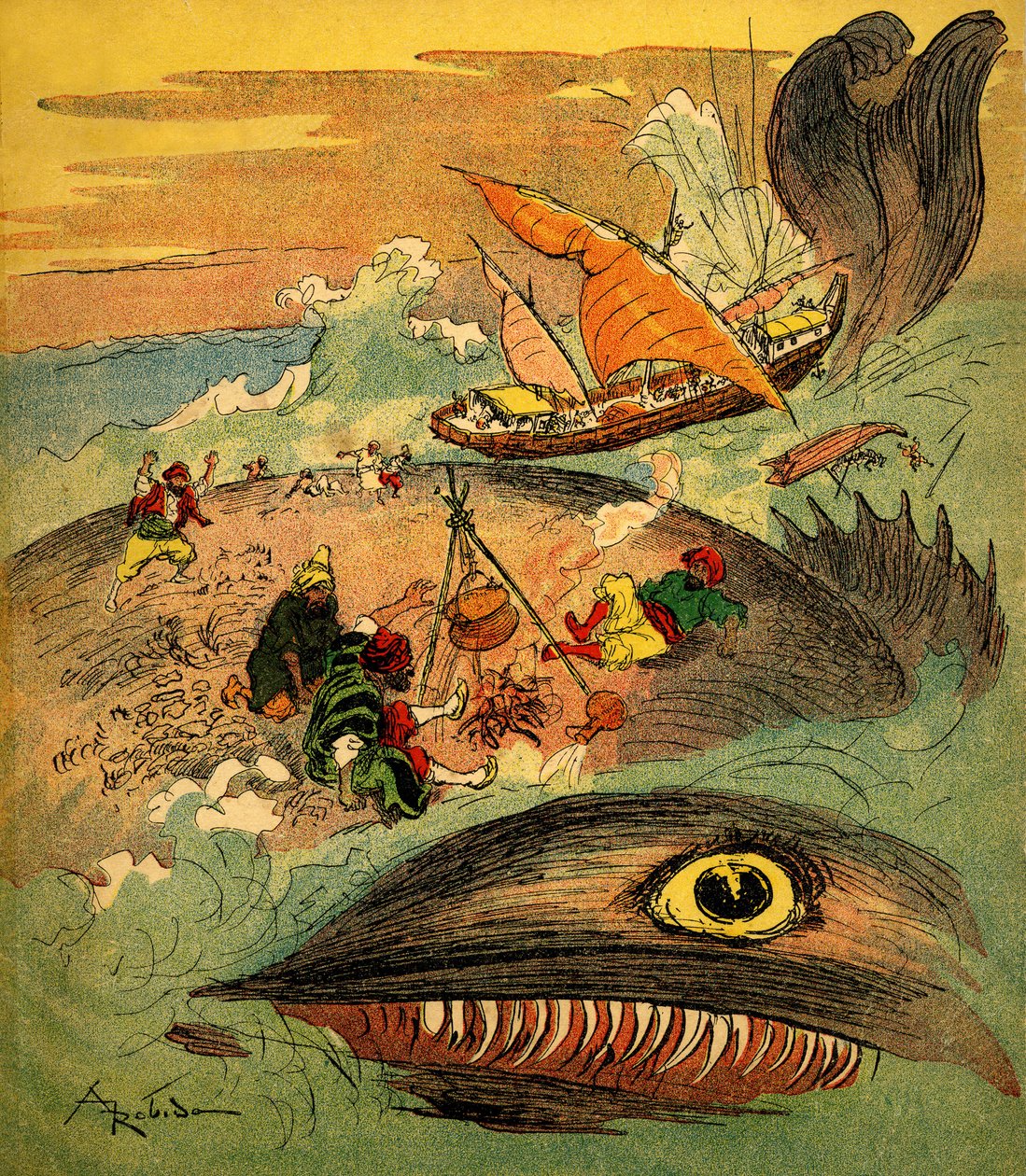 Sindbad merimies (Sinbad) - tarina tuhannesta ja yhdestä yöstä (1001) - kirja vuodelta 1948, joka kertoo hänen seikkailuistaan (Fortin-painos, Wonderful Imaging of Lapsuuden kokoelma) - Albert Robidan (1848 - 1926) kuvitus: Sindbad ja hänen toverinsa ovat  tekijältä Albert Robida