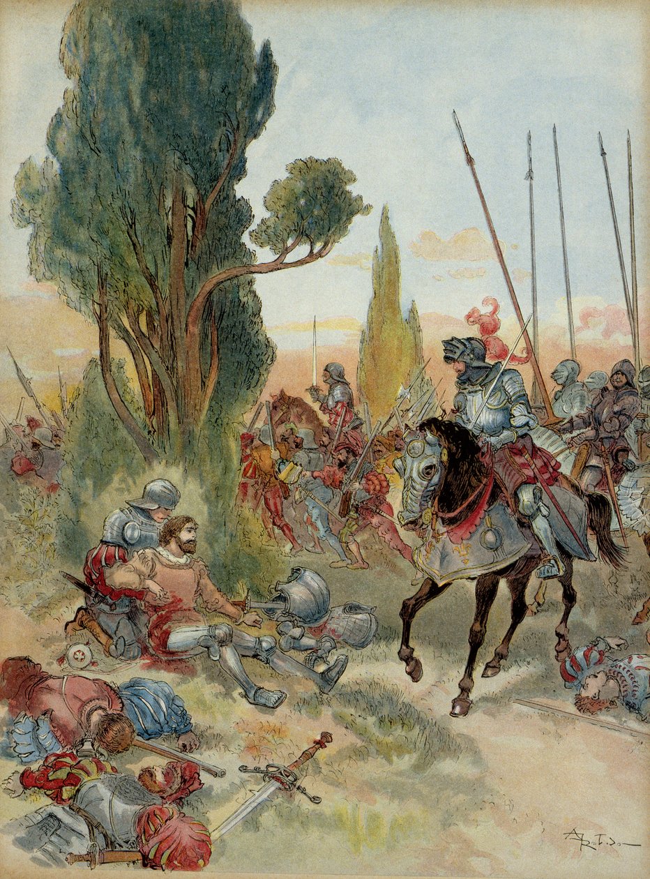 Kuudes Italian sota (1521-1526): Pierre Terrail de Bayardin (1476-1524) kuolema Rebecissä (Italia) vuonna 1524, Bourbonista kotoisin oleva Charles de Montpensier (1490-1527) kohtasi hänet. . Kuva tekijältä Albert Robida