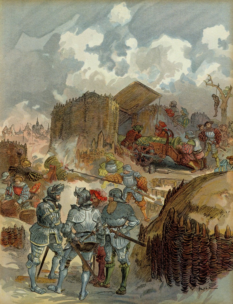 Kuudes Italian sota (1521-1526): Pierre Terrail de Bayard (1476-1524) Mezieresin päämajassa vuonna 1521. Kuva tekijältä Albert Robida
