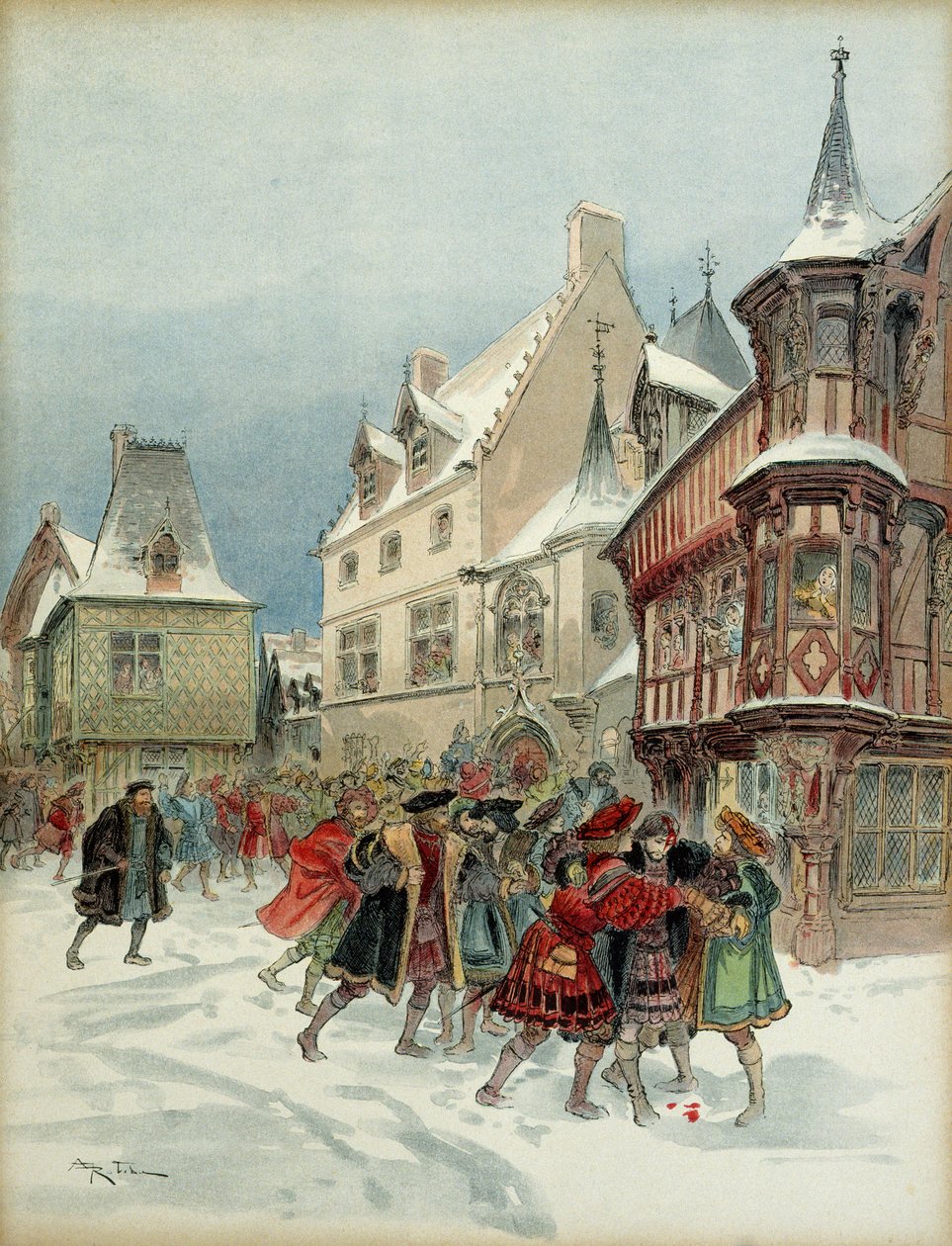 Lumipallotaistelu Romorantinissa (Ranska). Kuningas Francois I (1494-1547) haavoittui Saint Polin asuinpaikan hyökkäyksessä 6. tammikuuta tekijältä Albert Robida