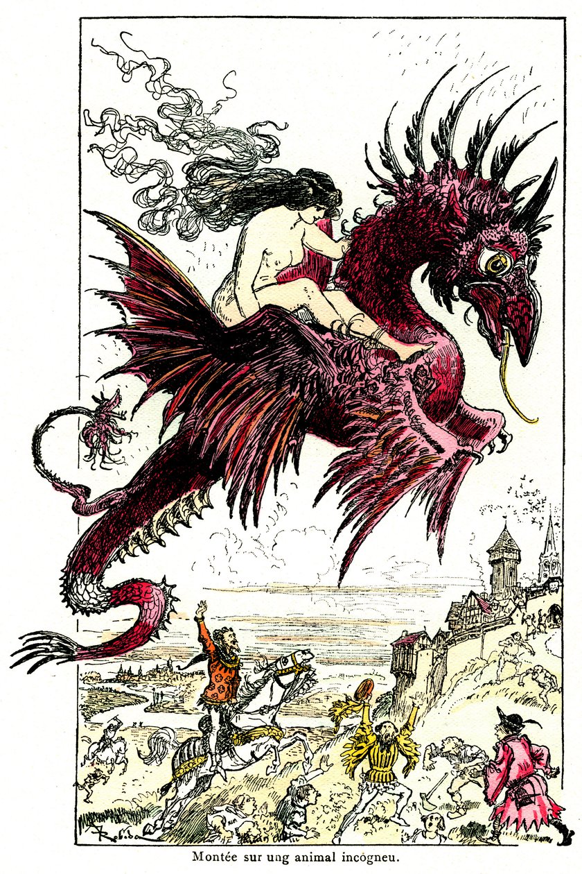 Succubus: naisdemoni (nainen - nainen) ratsastaa lohikäärmeellä - Albert Robidan kuvitus Honore de Balzacin Drolatic Tales -sarjaan - 1900-luvun alku tekijältä Albert Robida