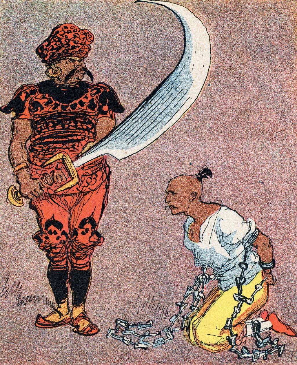 Sulttaani käskee leikata Aladdinin pään irti Albert Robidan (1848-1926) kuvitus tarinaan "Aladin ja ihana lamppu" teoksessa "" les mille et une nuits" (Kuvitus tarinalle "" Aladdin" julkaisussa "The Book of" Tuhat ja yksi yötä tai "Arabialainen". tekijältä Albert Robida