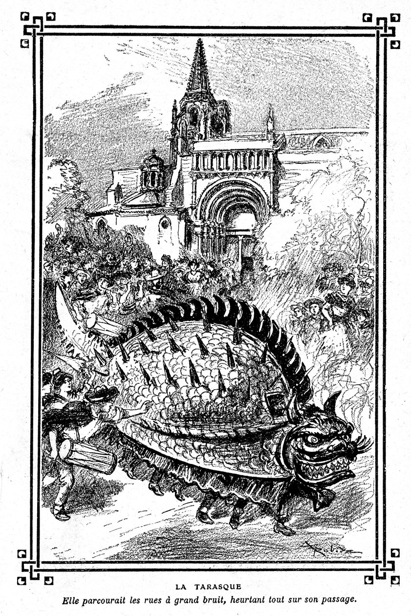 Tarasconin taraski, upea Provencen kansanperinteen hirviö: Albert Robidan kuvitus A Mironneaun koulukirjasta "Choice of readings", Librairie Armand Colin 1911 - tekijältä Albert Robida
