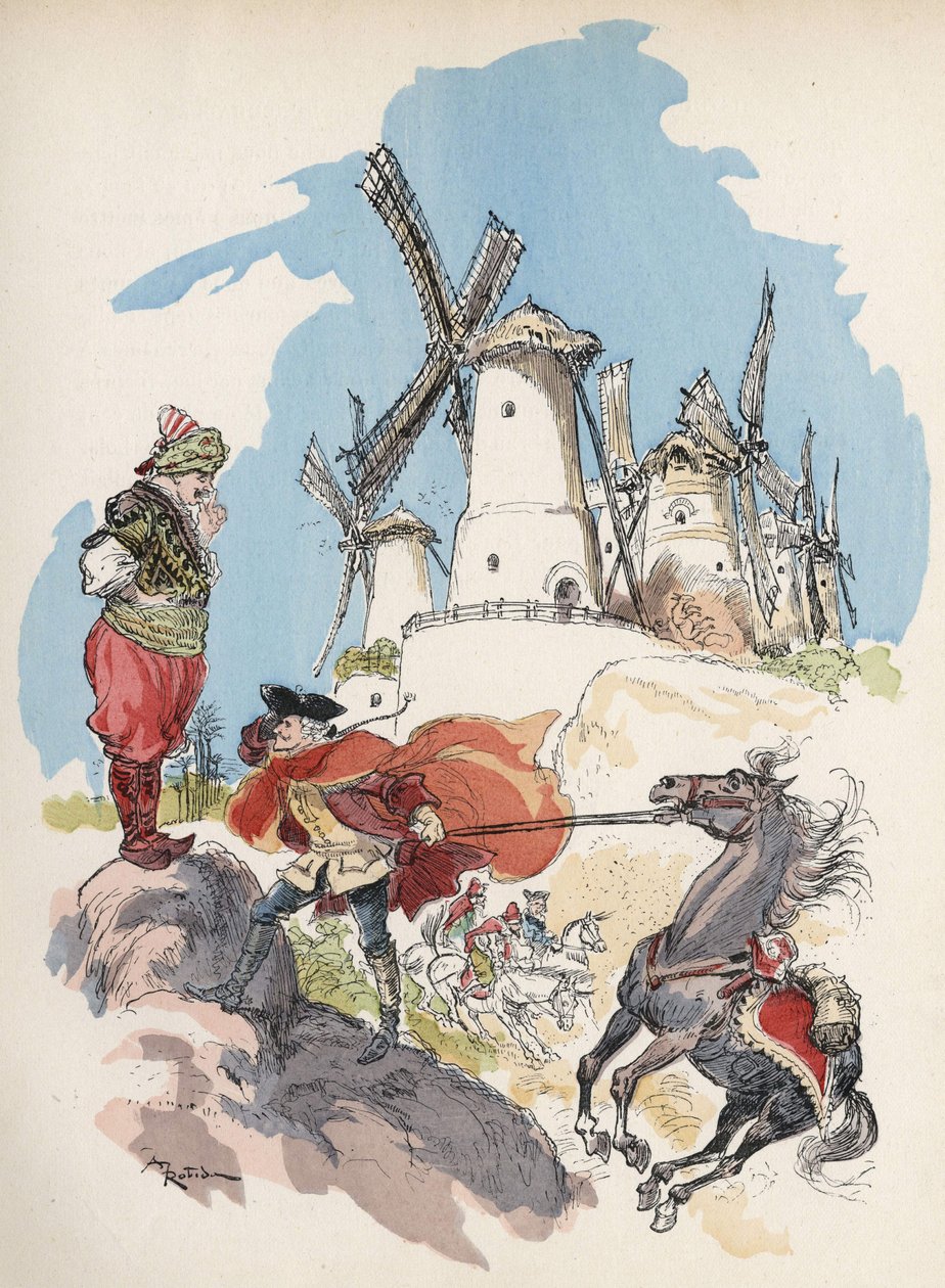Paroni de Munchausen, joka juuri ylitti Egyptin rajan, joutuu myrskyyn, jonka iso hahmo saa 7 myllyä toimimaan. "" Kuvitus Albert Robida - "" History and Adventures of the Baron de Munchausen"" (Munchhausen), H. Laurens toim., myöhään tekijältä Albert Robida