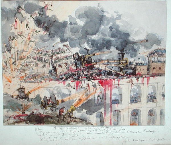 Barbarigon taistelu, teoksesta "La Guerre au XXeme Siecle" (akvarelli paperille) tekijältä Albert Robida