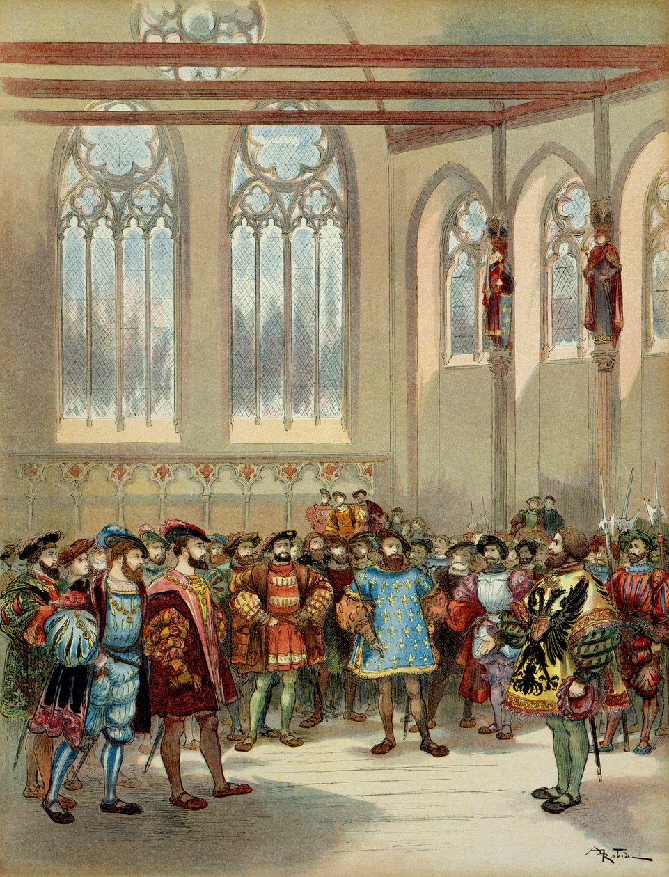 Kaarle V:n (1500-1558) lähettämän Burgundin herautin otti Francois I (1494-1547) vastaan Pariisin parlamentaarikon suuressa salissa 1500-luvun ensimmäisellä puoliskolla. Kuva tekijältä Albert Robida