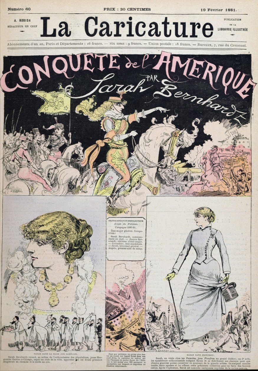 "The Conquest of America by Sarah Bernhardt", sarjakuva "La Caricature" -lehdestä tekijältä Albert Robida