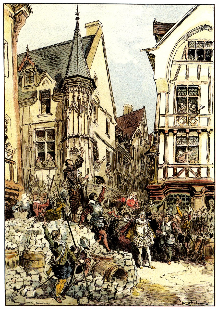 Gardes Francaises -rykmentin sotilaiden ja väkijoukon kannustama Duc de Guise Pariisissa barrikadipäivänä tekijältä Albert Robida