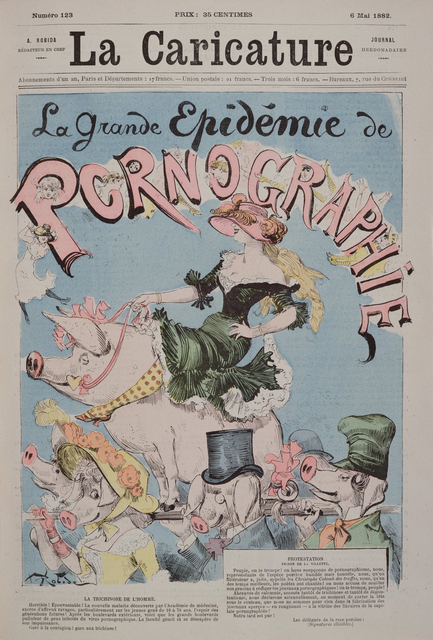 "The Great Epidemic of Pornography", "La Caricature" -lehden kansikuva, 6. toukokuuta 1892 tekijältä Albert Robida