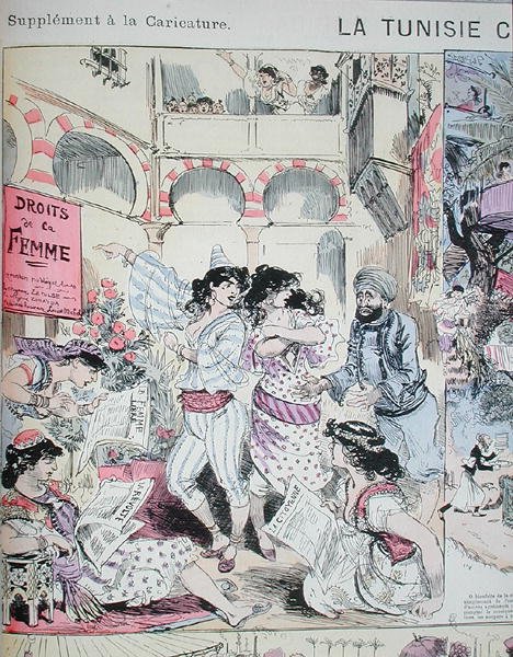 "Naisten oikeudet" Tunisiassa, sarjakuva elokuvasta "Le Caricature" 1883 (värilitho) tekijältä Albert Robida