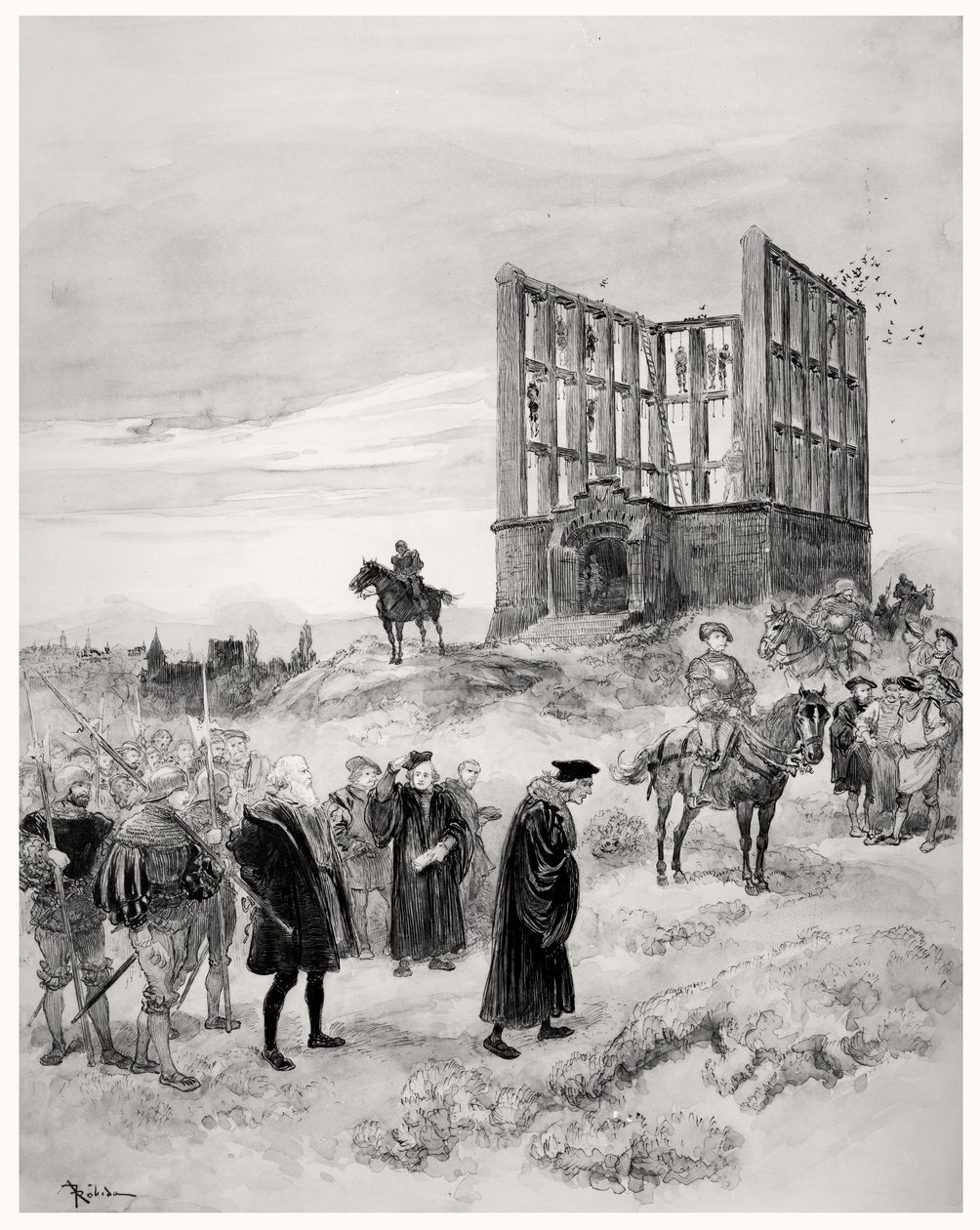 Superintendantti Jacques de Semblancay (n. 1445-1527) tuomittiin kuolemaan Montfaucon Gibbetille vuonna 1909 (paperilla wc) tekijältä Albert Robida