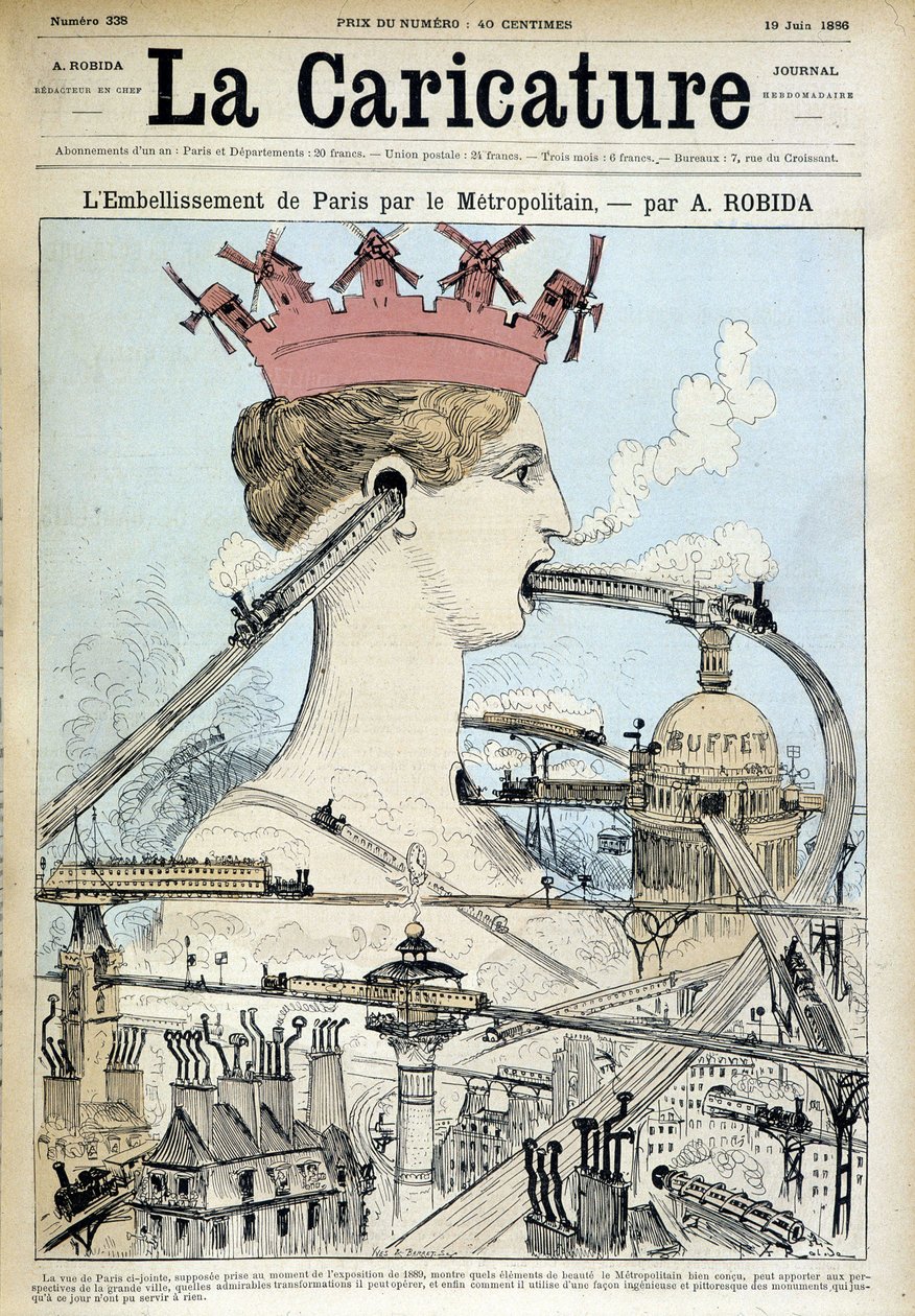 Pariisin kaunistaminen metrolla - Robida, "" La Caricature"" 19.6.1886 tekijältä Albert Robida