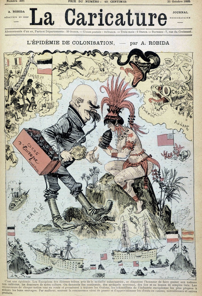 Kolonisaatioepidemia: Robidan antikolonialistinen piirros - "" La Caricature" -kirjassa 31.10.1885 tekijältä Albert Robida