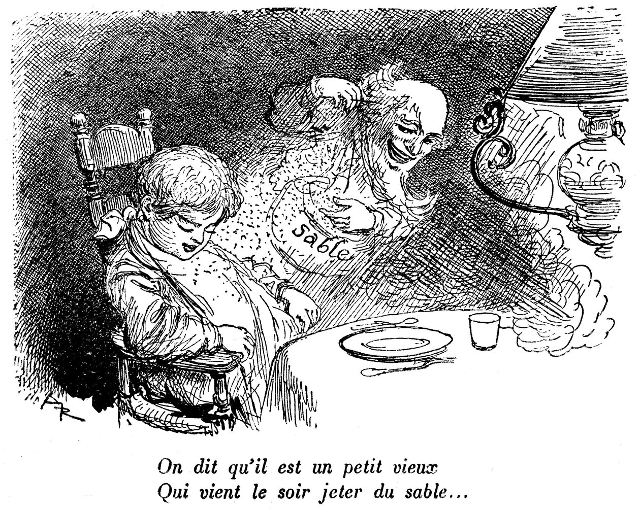 Hiekkakauppias on ohi! Lapsi nukkuu syömisen jälkeen. Nukkua. ”” Sanotaan, että hän on pieni vanha mies, joka tulee öisin heittämään hiekkaa...” Albert Robidan (1848-1926) piirros lasten lukukirjassa 1920-1930. tekijältä Albert Robida