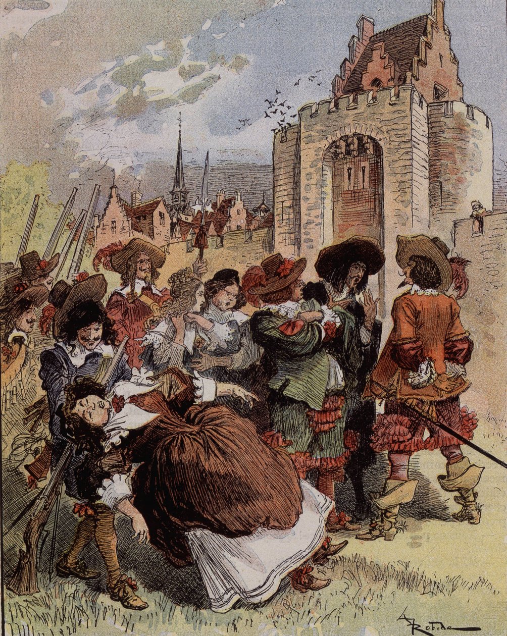 Kapteeni Bellormeaun ujous - "" Madame de Malicorne putosi kersantin syliin"". Hahmo Albert Robidan kirjasta. Kansi "" Pieni ranskalainen kuvitettu"" 20.1.1900. tekijältä Albert Robida