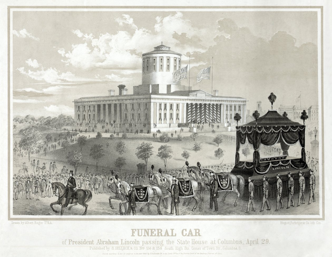 Presidentti Abraham Lincolnin hautausauto ohittaessaan Columbuksen osavaltion talon, 29. huhtikuuta, pub. 1865 (kaiverrus) tekijältä Albert Ruger