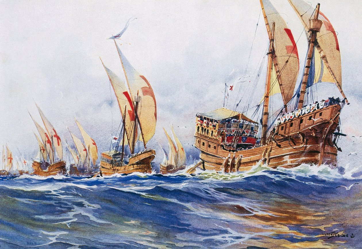 Kuningas Ludvig IX:n ranskalaisia aluksia kahdeksannen ristiretken aikana vuonna 1268, Albert Sebillen (1874-1953) akvarelli. tekijältä Albert Sébille