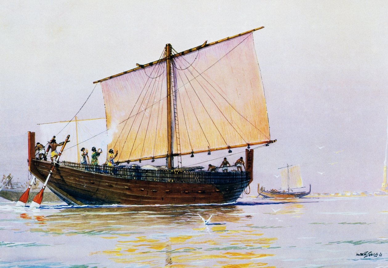 Foinikialainen kauppalaiva saapumassa Pharokseen, Albert Sebillen (1874-1953) akvarelli, 1900-luku. tekijältä Albert Sébille
