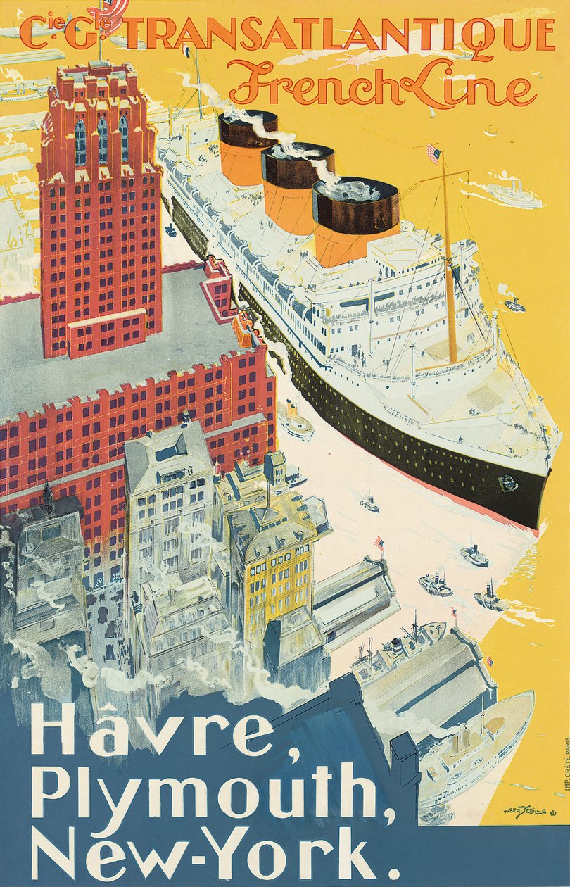 Juliste, jossa mainostetaan laivayhtiö Companie Generale Transatlantiguen, joka tunnetaan nimellä "French Line", Le Havre-Plymouth-New York-reittiä (värilitografia). tekijältä Albert Sébille