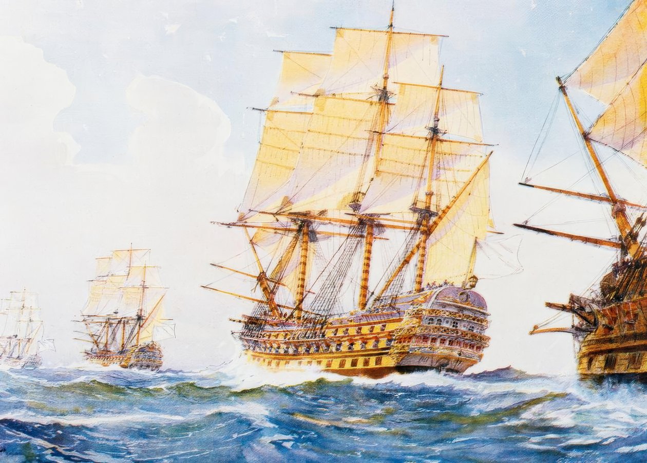 1700-luvun alukset yhdessä rivissä myötätuuleen tyyrpuurin puolella. tekijältä Albert Sébille