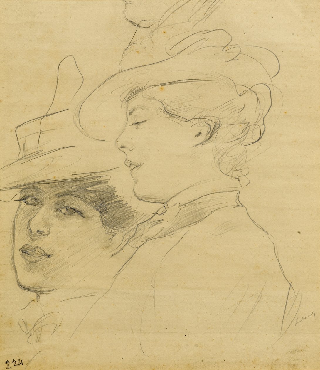 Naisen pää, jolla on koristeltu hattu, profiili ja kolme neljäsosaa, n. 1900 (lyijykynä vaaleanruskealle paperille) tekijältä Albert de Belleroche